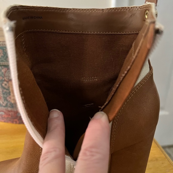 Boots-4 inch stacked heel. Tan and cream leather and fabric with gold details. - Picture 8 of 10